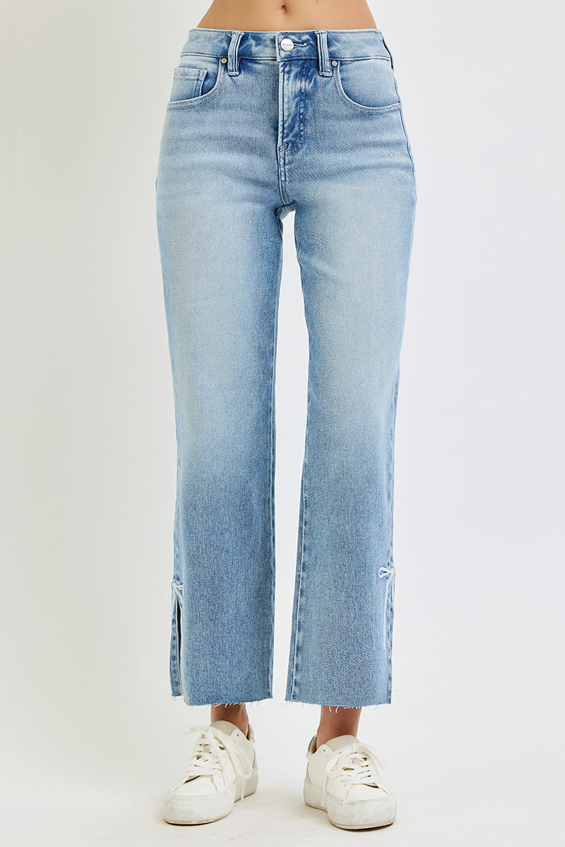 TUMMY CONTROL HIGH RISE CROP STRAIGHT SIDE SLIT AND RIBBON EMBROIDERY JEANS