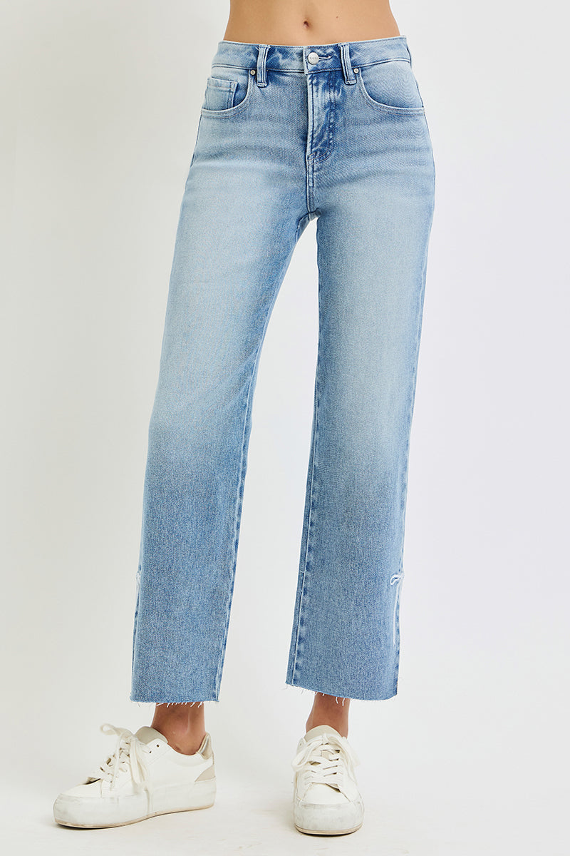 TUMMY CONTROL HIGH RISE CROP STRAIGHT SIDE SLIT AND RIBBON EMBROIDERY JEANS