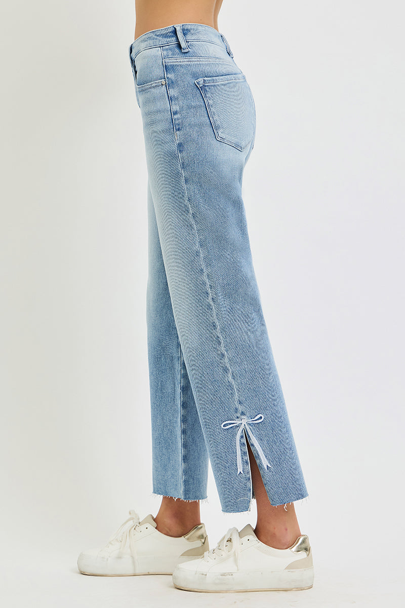 TUMMY CONTROL HIGH RISE CROP STRAIGHT SIDE SLIT AND RIBBON EMBROIDERY JEANS