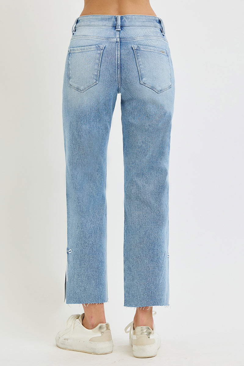 TUMMY CONTROL HIGH RISE CROP STRAIGHT SIDE SLIT AND RIBBON EMBROIDERY JEANS