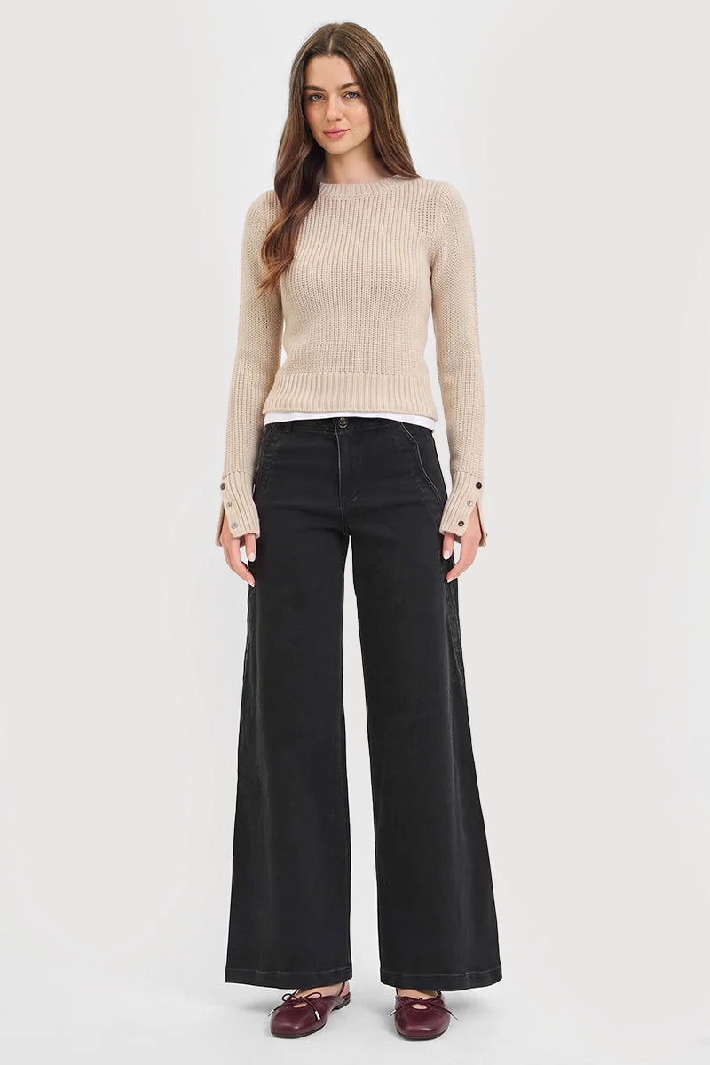 HIGH RISE WIDE LEG JEANS WITH SCALLOPED EDGE DETAIL