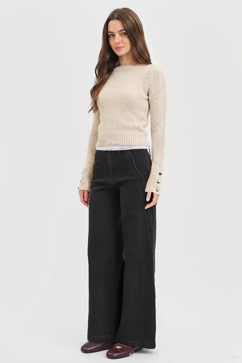 HIGH RISE WIDE LEG JEANS WITH SCALLOPED EDGE DETAIL