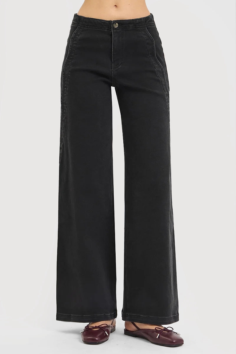 HIGH RISE WIDE LEG JEANS WITH SCALLOPED EDGE DETAIL