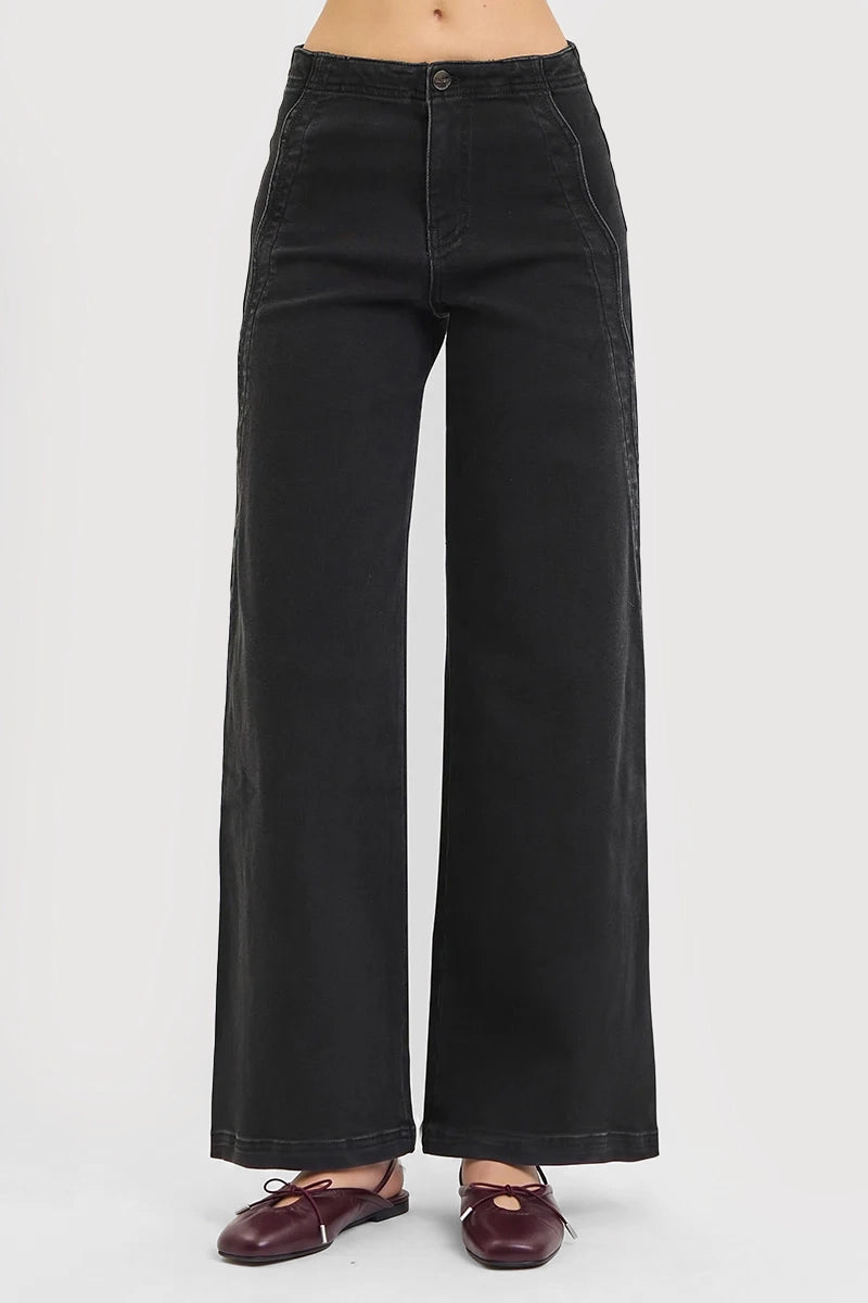 HIGH RISE WIDE LEG JEANS WITH SCALLOPED EDGE DETAIL