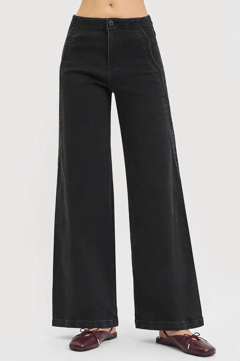 HIGH RISE WIDE LEG JEANS WITH SCALLOPED EDGE DETAIL