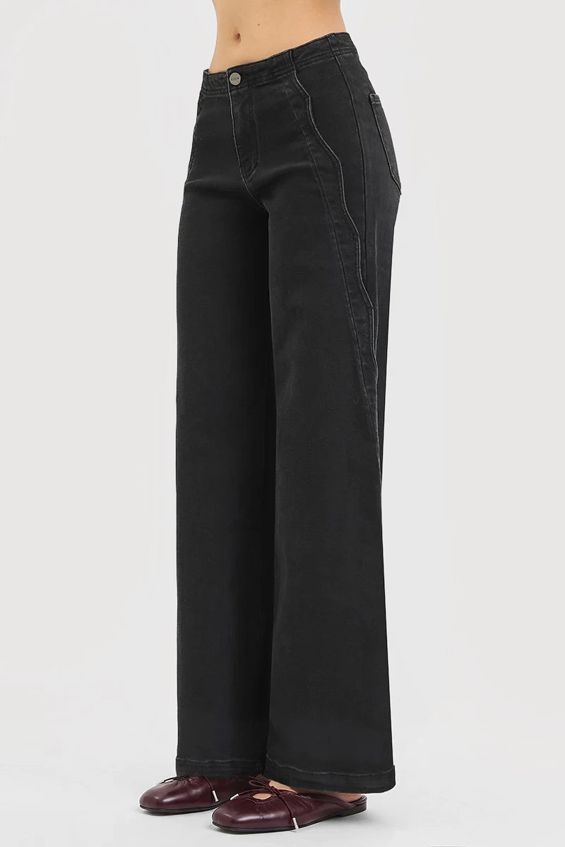 HIGH RISE WIDE LEG JEANS WITH SCALLOPED EDGE DETAIL