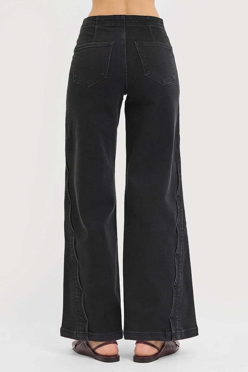 HIGH RISE WIDE LEG JEANS WITH SCALLOPED EDGE DETAIL