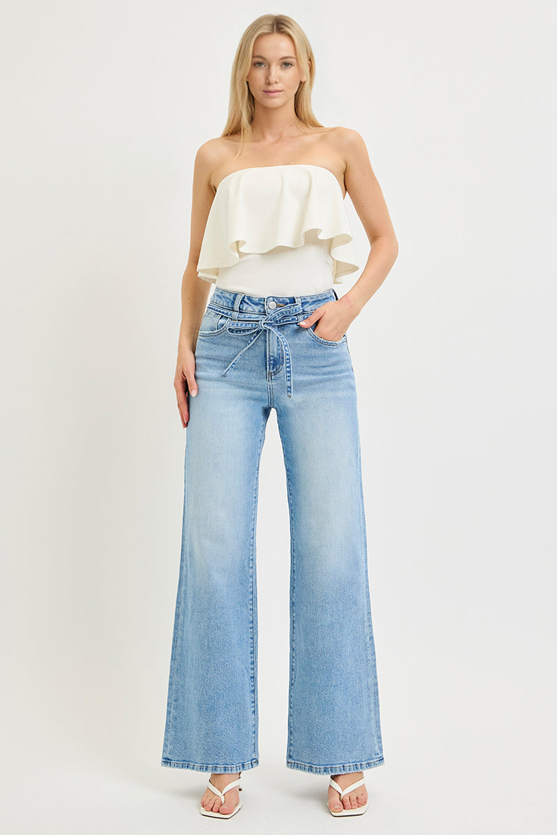HIGH RISE WIDE JEANS WITH WAIST STRING DETAILS