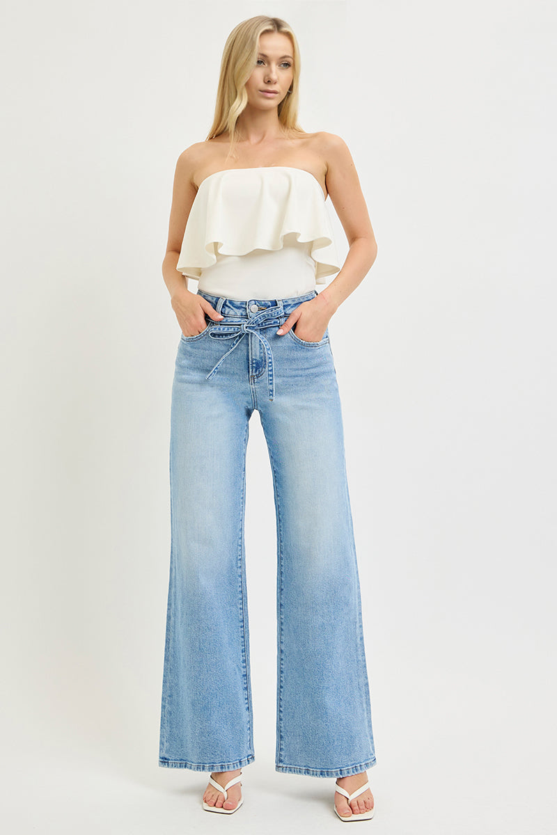 HIGH RISE WIDE JEANS WITH WAIST STRING DETAILS