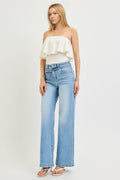 HIGH RISE WIDE JEANS WITH WAIST STRING DETAILS