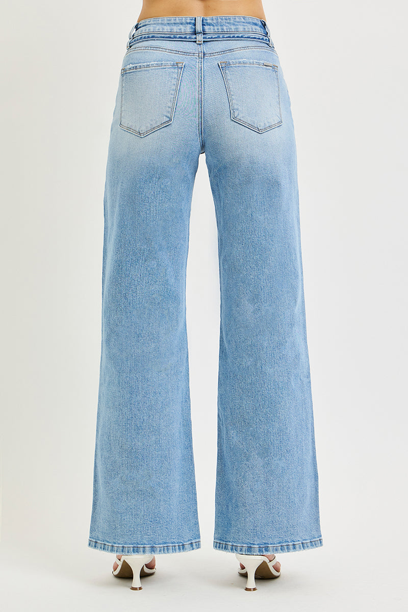 HIGH RISE WIDE JEANS WITH WAIST STRING DETAILS