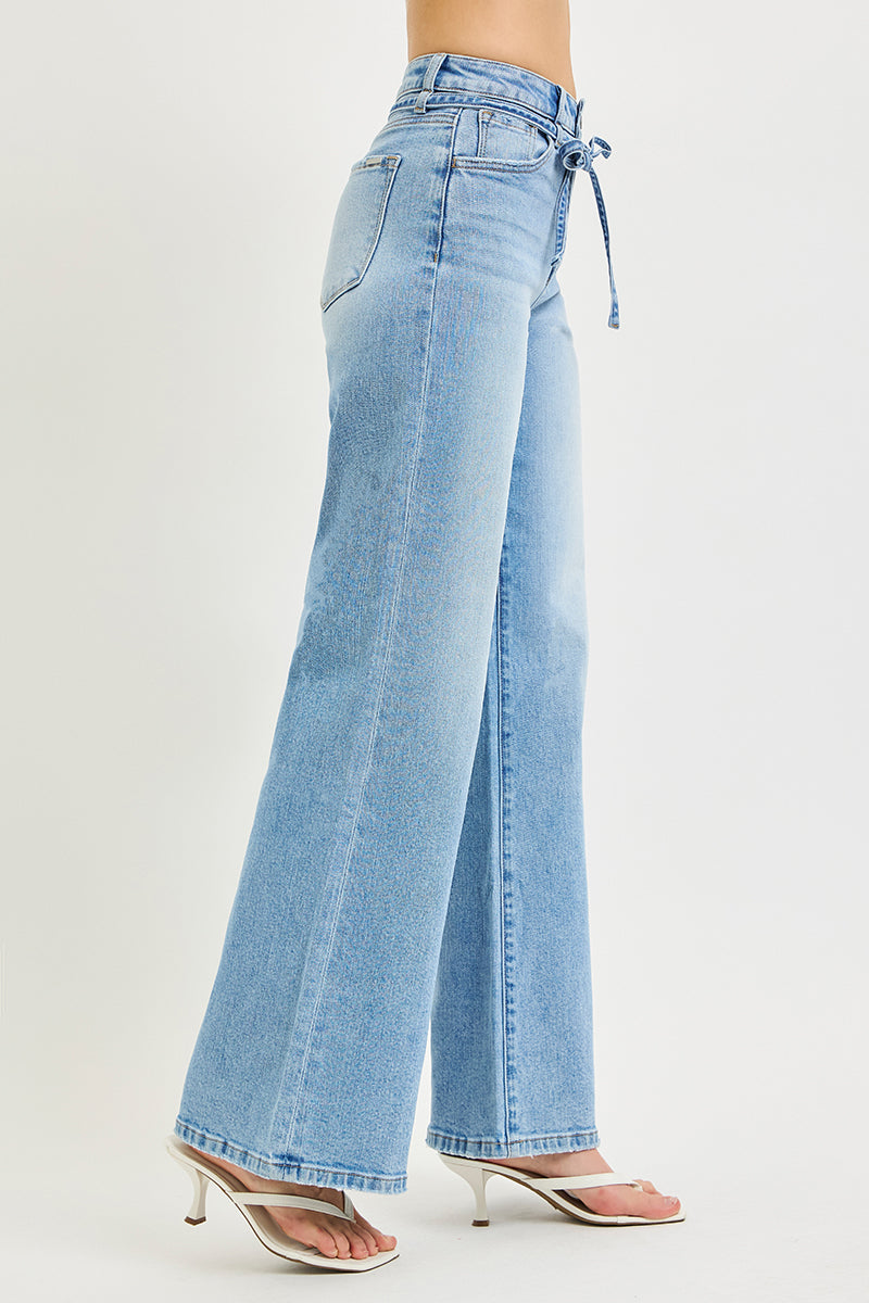 HIGH RISE WIDE JEANS WITH WAIST STRING DETAILS