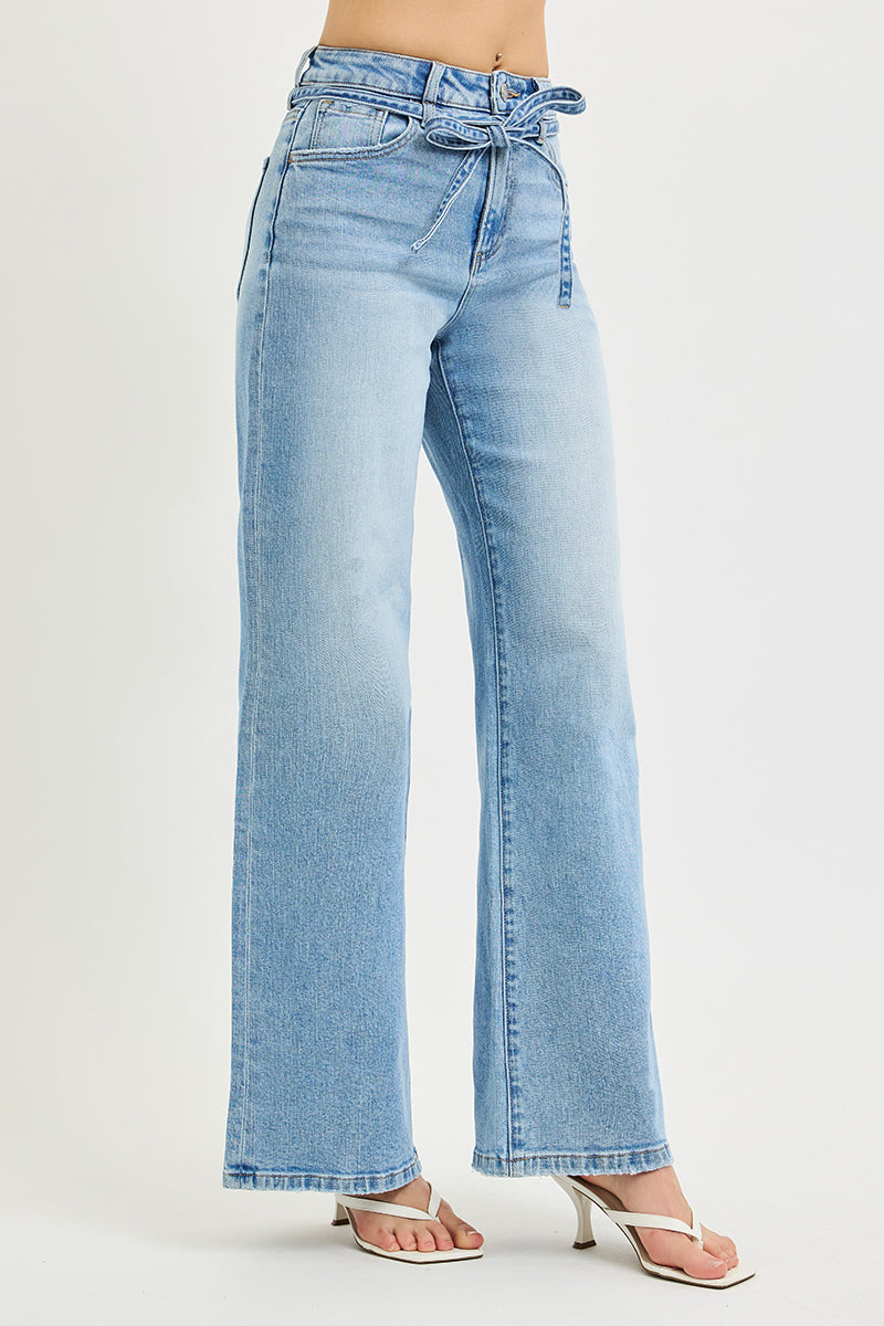 HIGH RISE WIDE JEANS WITH WAIST STRING DETAILS