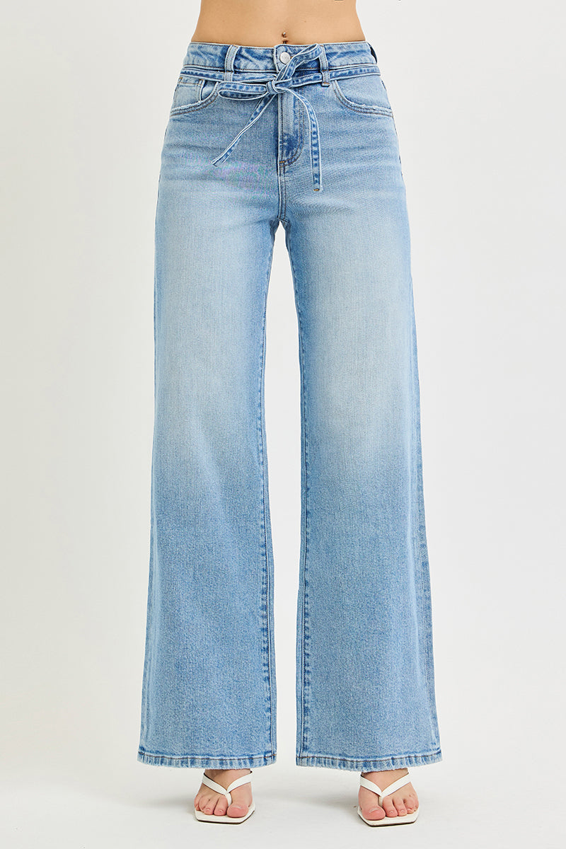 HIGH RISE WIDE JEANS WITH WAIST STRING DETAILS
