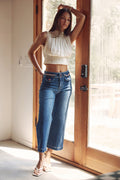 HIGH RISE CROP WIDE WAIST CHAIN DETAIL JEANS
