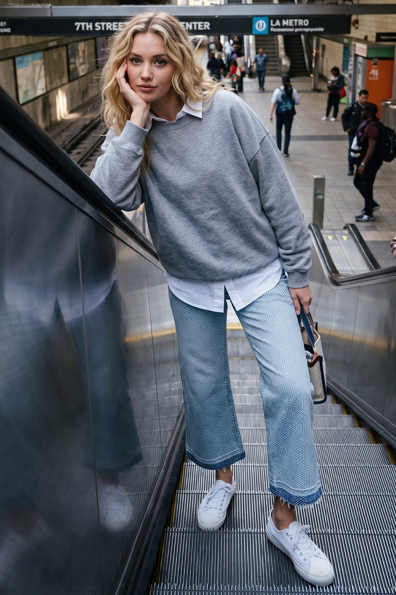 HIGH RISE CROP WIDE GEOMETRIC CUBE PRINT JEANS